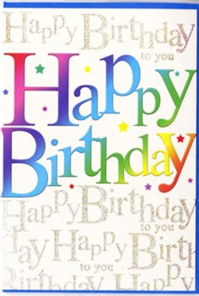This birthday card design radiates joyful celebration, almost as if it has captured the atmosphere of a lively get-together near Crystal Palace Park and pressed it onto paper. Across the centre, the words Happy Birthday are written in broad, rounded letters that curve gently, each one filled with a flowing gradient of colour. Deep ruby reds soften into rosy pinks, which fade into sunlit orange, fresh lime greens and serene ocean blues, creating a smooth spectrum reminiscent of a row of bright gift bags lined up in a local Crystal Palace shop. The colours are saturated yet harmonious, lending the card a sense of festive energy without overwhelming the eye. You can almost imagine the subtle sheen of the ink under soft indoor lighting, as if the letters might reflect the glow from fairy lights at a cosy birthday dinner. Behind this main greeting, the backdrop is covered in delicate golden script, repeating Happy Birthday to you in a looping, cursive hand. The script is fine and evenly spaced, forming a shimmering pattern that looks a little like a golden mist or a trail of party streamers drifting behind the bold lettering. Tiny twinkles and star-like specks punctuate the design, giving it extra sparkle, akin to the glints of light on wet pavements along Westow Street after a brief summer shower. The layout feels carefully considered: the vivid rainbow words sit clearly in the foreground, while the gold writing adds depth and warmth without clutter. Overall, the card conveys cheerful sophistication, the sort of greeting you might choose with care at a Crystal Palace florist when you want your birthday wishes to feel bright, heartfelt and memorable.