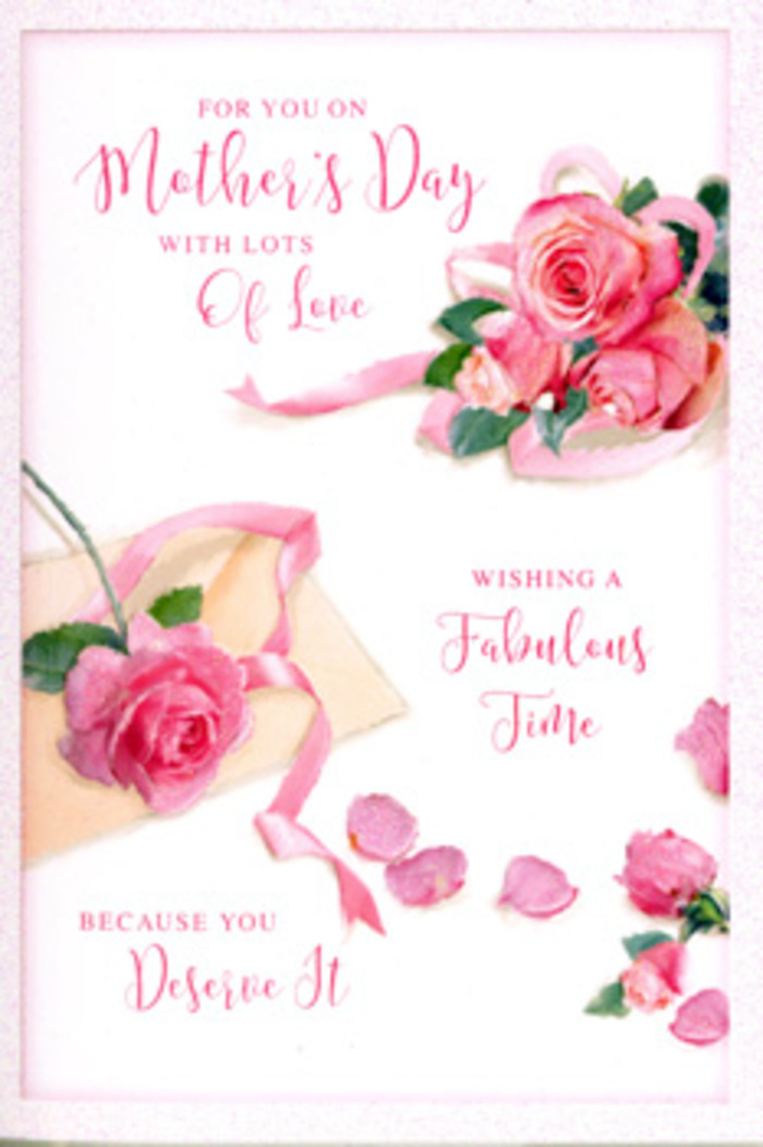 The Mother's Day card in this image is designed like a miniature floral arrangement, evoking the refined style you might find in a boutique along Crystal Palace's Westow Street. Dominating one lower corner, several lush pink roses are illustrated in lifelike detail, each bloom at different stages of openness: one fully unfurled with petals spiralling outward, another slightly cupped as though just opening, and a third tucked behind for depth. Their colours range from pale blush at the petal bases to more saturated pink and soft raspberry along the ruffled edges, capturing that romantic, garden-picked character familiar to local rose bushes near Crystal Palace Park. Around the main cluster, scattered petals and tiny rose heads trail across the card, loosely arranged but thoughtfully placed, like the aftermath of gently deconstructing a bouquet on a florist's workbench. A delicate ribbon, tinted in a muted pink-beige, loops around the flowers in sweeping arcs, its soft sheen suggesting a satin or silk texture that could easily have been tied by hand at Florists Crystal Palace before a delivery up toward Gipsy Hill or down to Penge. Above and beside the blooms, flowing calligraphy spells out a loving Mother's Day message, the lettering airy and curved, echoing both the shapes of the petals and the ribbon. The background remains clean and pale, allowing the design to breathe, while the lighting is subtle and even, with a slight warmth that makes the roses appear freshly picked. Altogether, the card conveys tenderness, appreciation, and the quiet luxury of well-chosen flowers shared with a cherished mum in SE19.