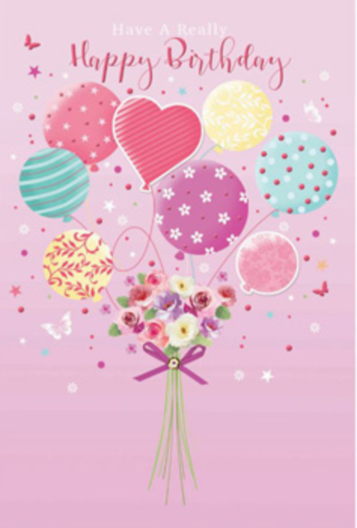 This elegant birthday card illustration feels like a little party floating above the rooftops of Crystal Palace, filled with the same easy charm you find wandering along the triangle on a sunny afternoon. The scene is set on a soft pink canvas, warm and welcoming, where a cluster of pastel balloons drifts upward with gentle energy. Each balloon carries intricate decoration: some are wrapped in flowing ribbon-like stripes, others are dotted with playful spots, while a few bloom with dainty floral patterns that echo the bouquet below. The colour palette is soothing and joyful-rosy pinks, pale sunshine yellow, seafoam green, and light lavender blending together as if washed in golden evening light. Suspended beneath the balloons is a carefully composed birthday bouquet, hand-tied in the style of a seasoned Crystal Palace florist. Petite roses in shades of cream and rose blush mingle with soft, daisy-like blooms and anemone-style flowers in ivory and violet-tinged mauve. Each petal appears velvety and slightly curled at the edges, suggesting freshly cut stems that might still feel cool and moist to the touch. A glimmering purple bow gathers the stems, its satin ribbon folded into a neat, symmetrical knot that sparkles as though just adjusted by a careful hand. Around the arrangement, tiny stars and delicate butterflies float and twirl, like the last bits of confetti spiralling down after a celebration. The whole composition whispers gentle jubilation-light, airy, and full of affection-perfect for wishing someone nearby in Crystal Palace, Penge, or Gipsy Hill a birthday that feels delightfully special and lovingly remembered.