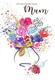 This Mother's Day card shows a lively bouquet painted in watercolour, as though someone captured a fresh, hand-tied arrangement from a Crystal Palace florist with quick, expressive strokes. The central flowers are rich shades of cerise, fuchsia, and deep pink, their rounded petals loosely suggested with fluid brush marks and indigo outlines. Between these brighter blooms, softer notes of blush, apricot, and pale lavender drift into one another, giving an impression of layered petals and smaller companion flowers tucked among the larger heads.   

Fine accents of metallic gold glint along petal tips and leaf edges, adding a suggestion of sunlight dancing over the bouquet, reminiscent of bright mornings near Crystal Palace Park. These golden touches repeat as tiny specks, hearts, and splashes scattered around the arrangement, hinting at confetti, laughter, and the warm chaos of Mother's Day morning. The flowers are gathered into a gently curved vase, painted in muted blues and greys, its outline intentionally soft and slightly translucent, as if seen through a light mist. A small golden bow is tied at the neck, the brushwork hinting at silky ribbon pulled neatly into place for a special gift.   

The background is a fresh, uncluttered white, letting the colours and shimmer stand out clearly, much like a bouquet displayed in a bright shop window on Westow Hill. The mood is affectionate and joyful, a visual hug that seems ready to travel with a card or a delivery of flowers to mums across Crystal Palace, Gipsy Hill, and the surrounding streets, carrying with it love, gratitude, and a sense of celebration.