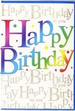 This colourful birthday card looks like a burst of happiness you might discover in a cheerful Crystal Palace gift shop, ready to accompany a fresh bouquet. Dominating the front are the words Happy Birthday, written in big, rounded letters that glow with a smooth rainbow gradient. Each letter seems to have been brushed through a palette of party colours: rich cherry red at one edge, fading into fuchsia, warm peach and golden yellow, then transitioning into leafy green and cool sky blue. The finish appears silky and luminous, as though the ink has a gentle sheen that would catch the light from a nearby window on Church Road. Behind this joyful message, the card's background is filled with repeated lines of Happy Birthday to you in very fine, looping gold script. The metallic writing forms a soft, decorative pattern rather than a dominant text, a shimmering veil that brings elegance and a hint of luxury, like the glint of jewellery in a Crystal Palace boutique. Scattered among the letters are tiny, colourful flecks and subtle stars, which give the impression of confetti drifting through the air or sparkles on a birthday cake. The white space around the design keeps everything airy and balanced, allowing the rainbow letters to stand out clearly against the golden script. Together, the bold colour, delicate metallic detail and clean composition create a card that feels both playful and refined. It is an ideal birthday card to pair with flowers from a local Crystal Palace florist when you want to send not just a message, but a vivid, joyful moment in paper form.