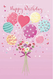 A whimsical birthday scene is painted across a soft blush-pink background, evoking the dreamy charm of Crystal Palace on a bright spring morning. At the centre, a bouquet appears to be lifted skyward by a cluster of pastel balloons, as though the flowers themselves are too joyful to stay grounded. The balloons come in an assortment of shapes and designs: one heart-shaped and glowing with tenderness, others adorned with candy-coloured stripes, scattered polka dots, and delicate floral or starry patterns. Colours shift from gentle baby pinks to mint greens, lemon yellows, and dusty lavenders, each balloon catching the light with a subtle, glossy sheen. Anchoring this airy display is a graceful hand-tied bouquet. Roses in creamy ivory and blush pink nestle among anemone-like and daisy-style blossoms in soft mauve and pale cream, their petals layered and slightly ruffled, giving an impression of feathery lightness. The imagined fragrance is fresh and sweet, like stepping into a local florist on Westow Street first thing in the morning. The stems are gathered tightly at the base with a violet satin bow, its smooth ribbon tied into a polished bow that reflects hints of purple shimmer. Around the bouquet, tiny butterflies and starry accents seem to float, adding a gentle touch of fairy-tale magic, as if birthday wishes themselves were visible. The overall feeling is one of bright, unforgettable celebration-a thoughtful floral birthday design that perfectly captures joy, affection, and the uplifting spirit of Crystal Palace and its close-knit community.